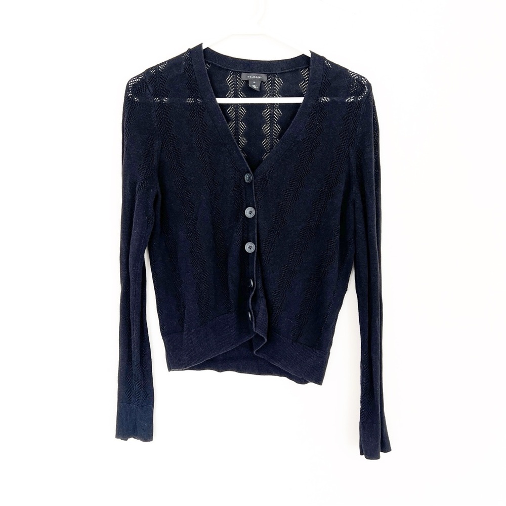 Halogen Black Pointelle Button-Down Cardigan Medium Cropped Essential Minimal